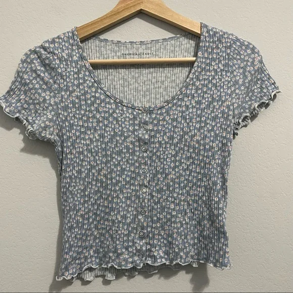 American Eagle Cropped Top Mini Flower Daisy Print Button Down Womens Small S - Picture 10 of 11